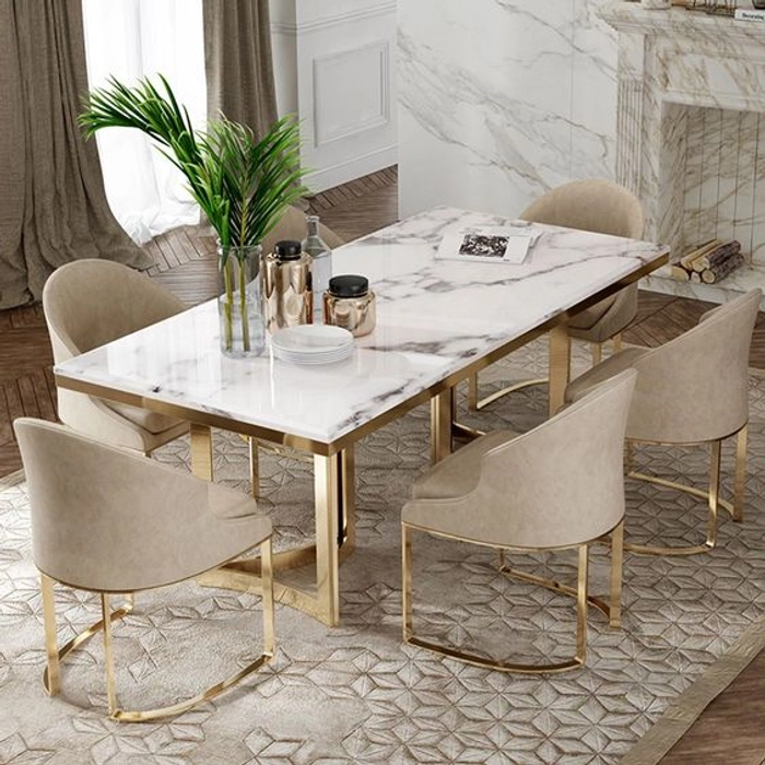 Modern dining room furniture set with wooden table and comfortable chairs